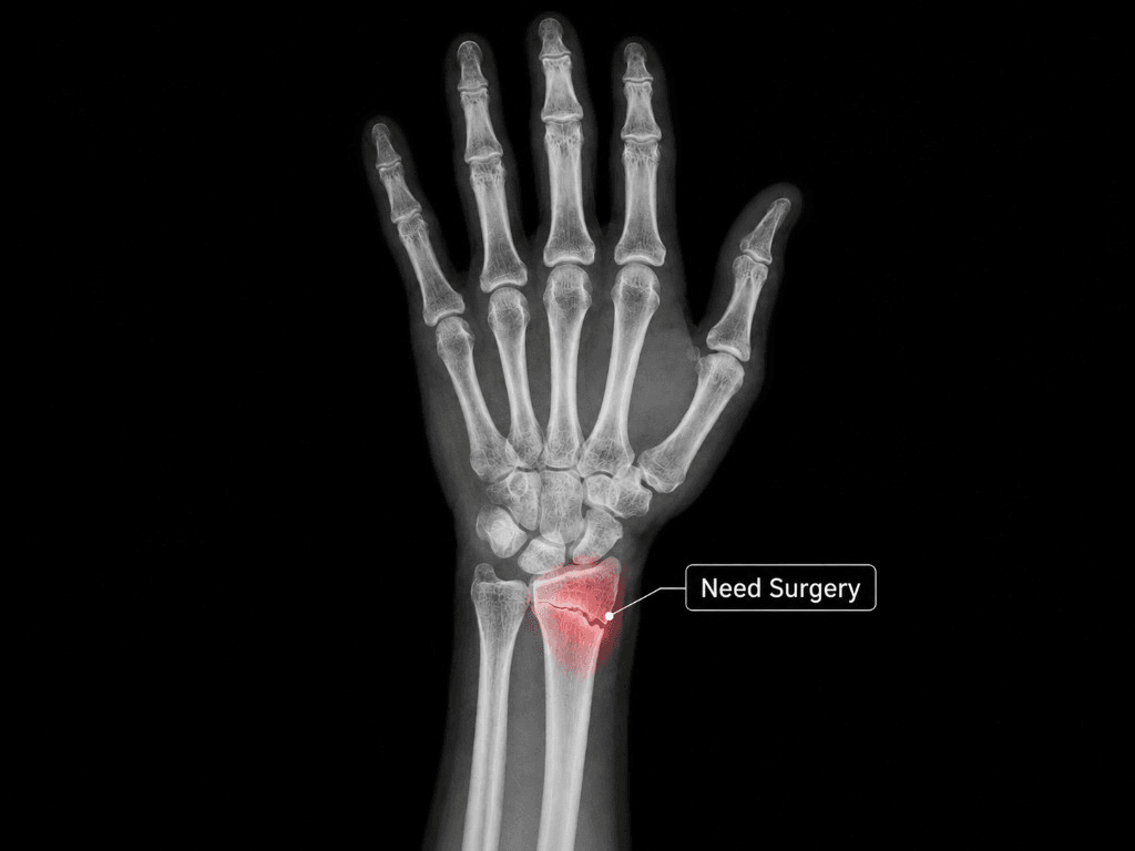 Wrist X-ray with AI callout highlighting a distal radius fracture needing surgery