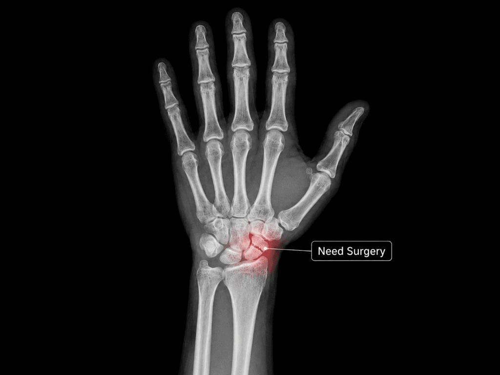 Hand X-ray with AI callout highlighting a scaphoid fracture needing surgery