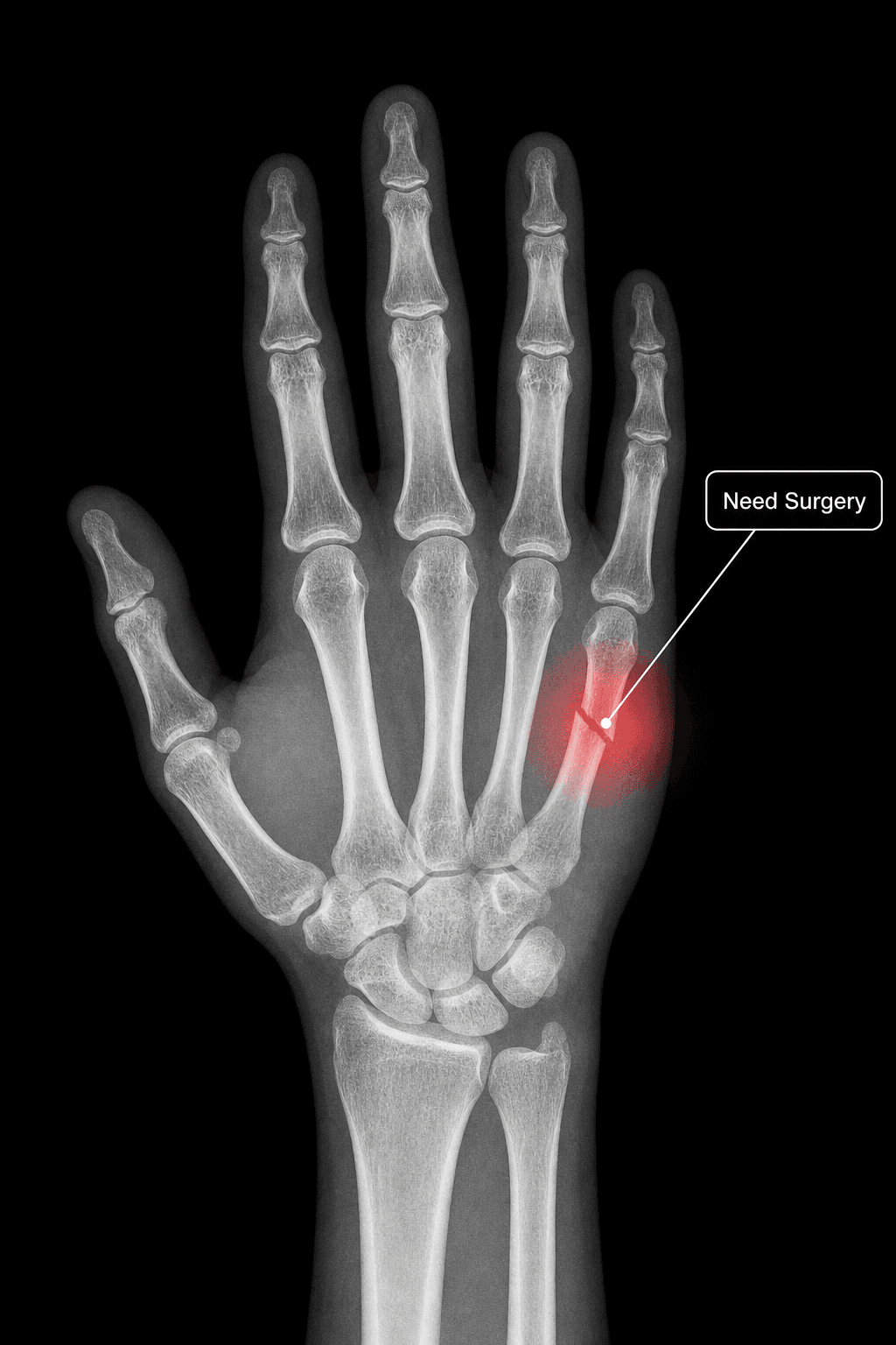 Hand X-ray with AI callout highlighting a metacarpal fracture needing surgery